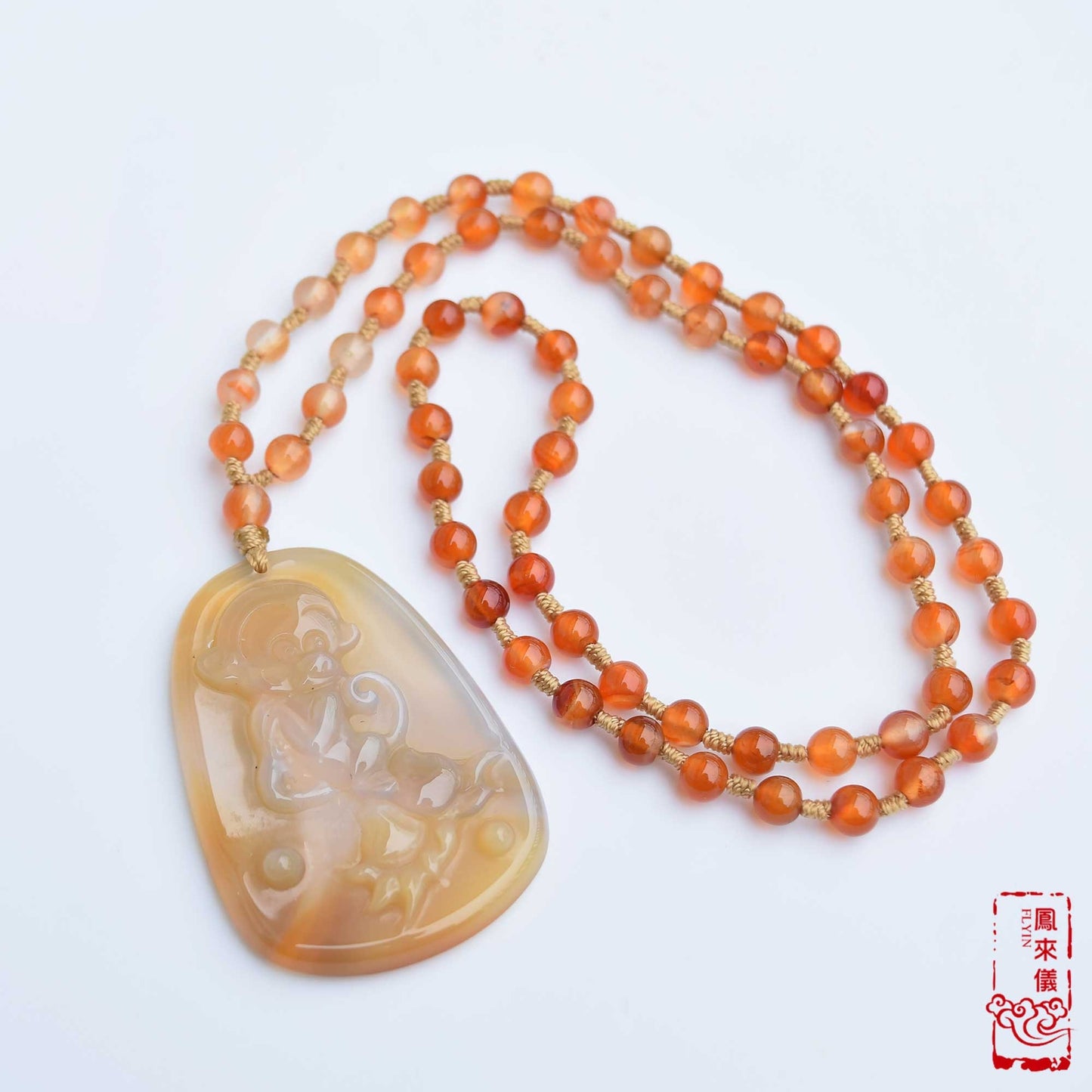 Natural Agate Pendant Long Necklace - Bird Flower 花鳥