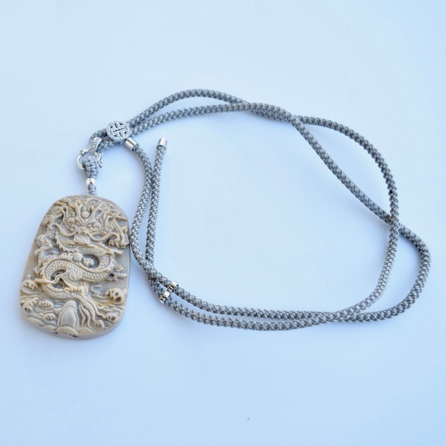 Chinese Dragon Jasper Pendant Necklace - Adjustable Jade Cord