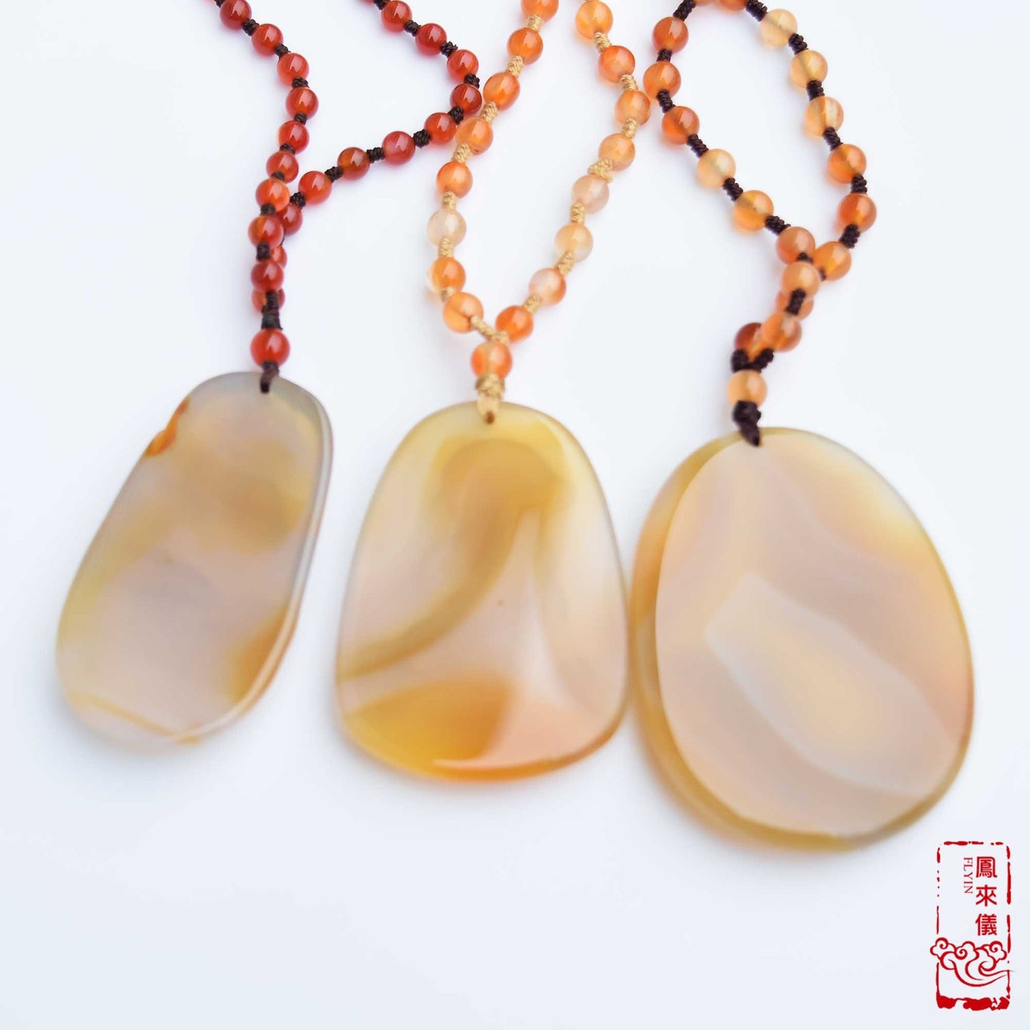Natural Agate Pendant Long Necklace - Bird Flower 花鳥