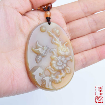 Natural Agate Pendant Long Necklace - Bird Flower 花鳥