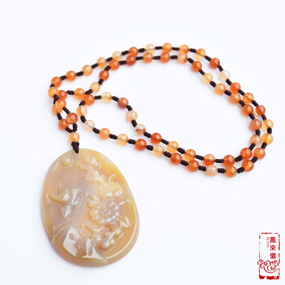 Natural Agate Pendant Long Necklace - Bird Flower 花鳥