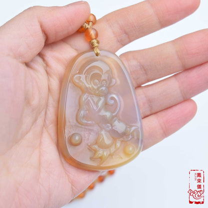 Natural Agate Pendant Long Necklace - Bird Flower 花鳥