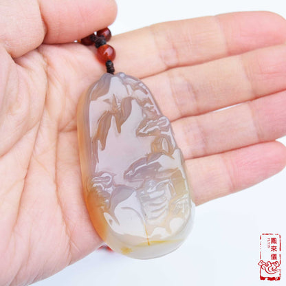 Natural Agate Pendant Long Necklace - Bird Flower 花鳥