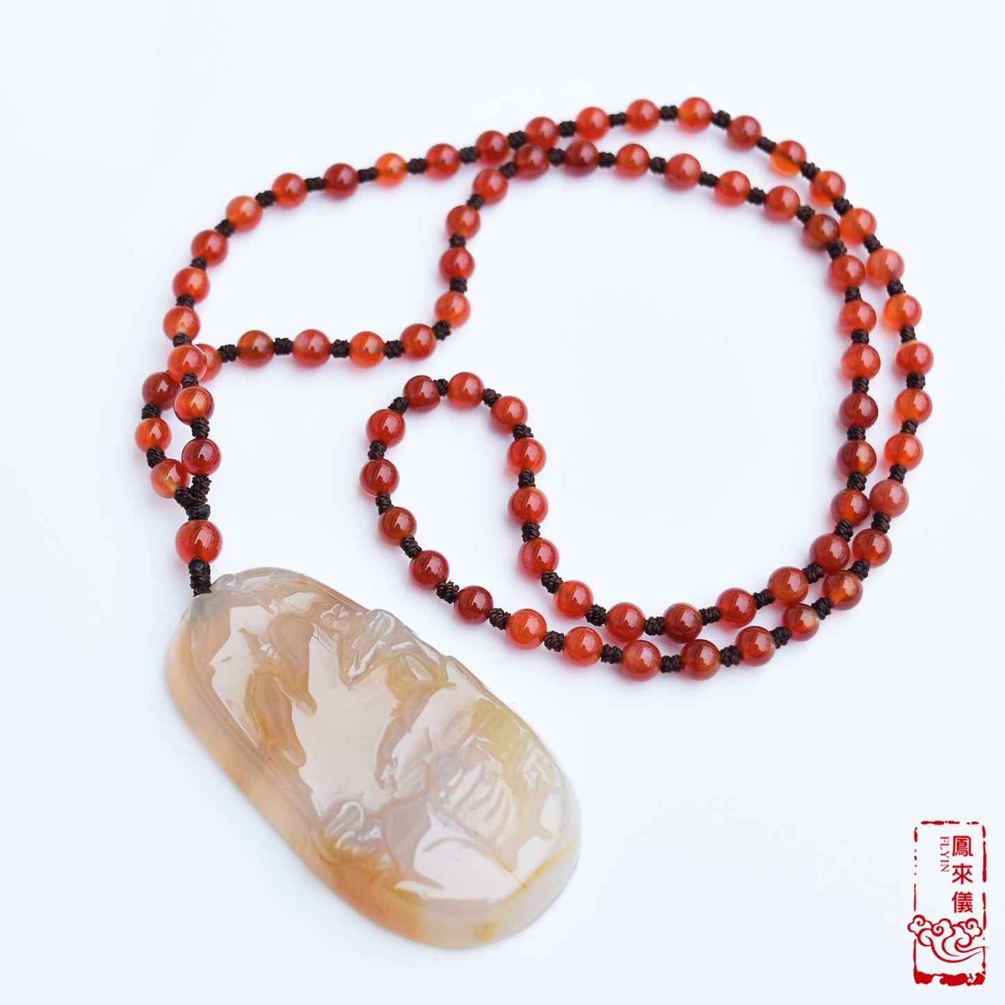 Natural Agate Pendant Long Necklace - Bird Flower 花鳥