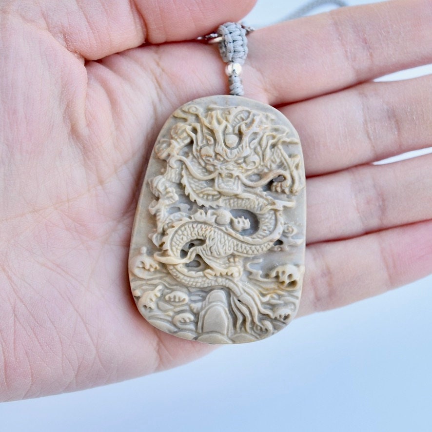 Chinese Dragon Jasper Pendant Necklace - Adjustable Jade Cord