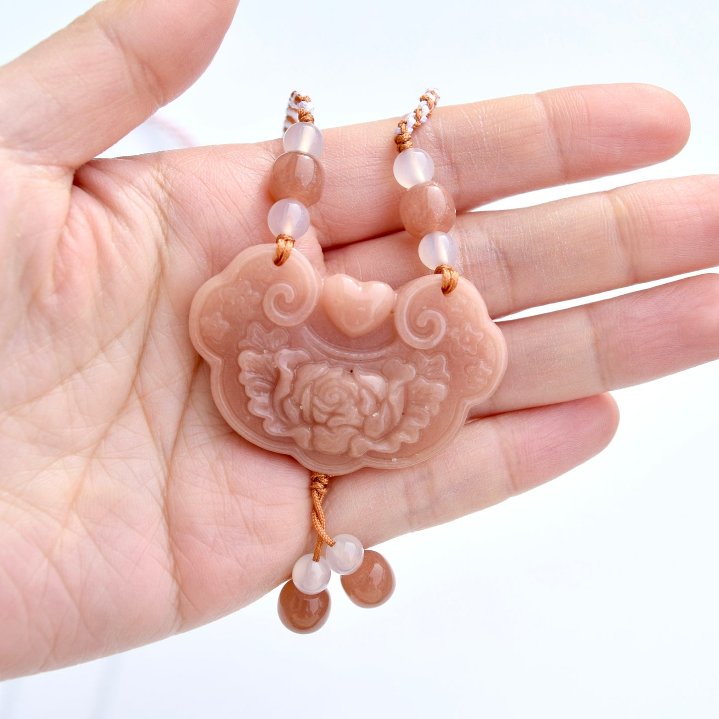 Colorful Peony Lock Pendant Rope Necklace - Quartz Jade Crystal Pendant