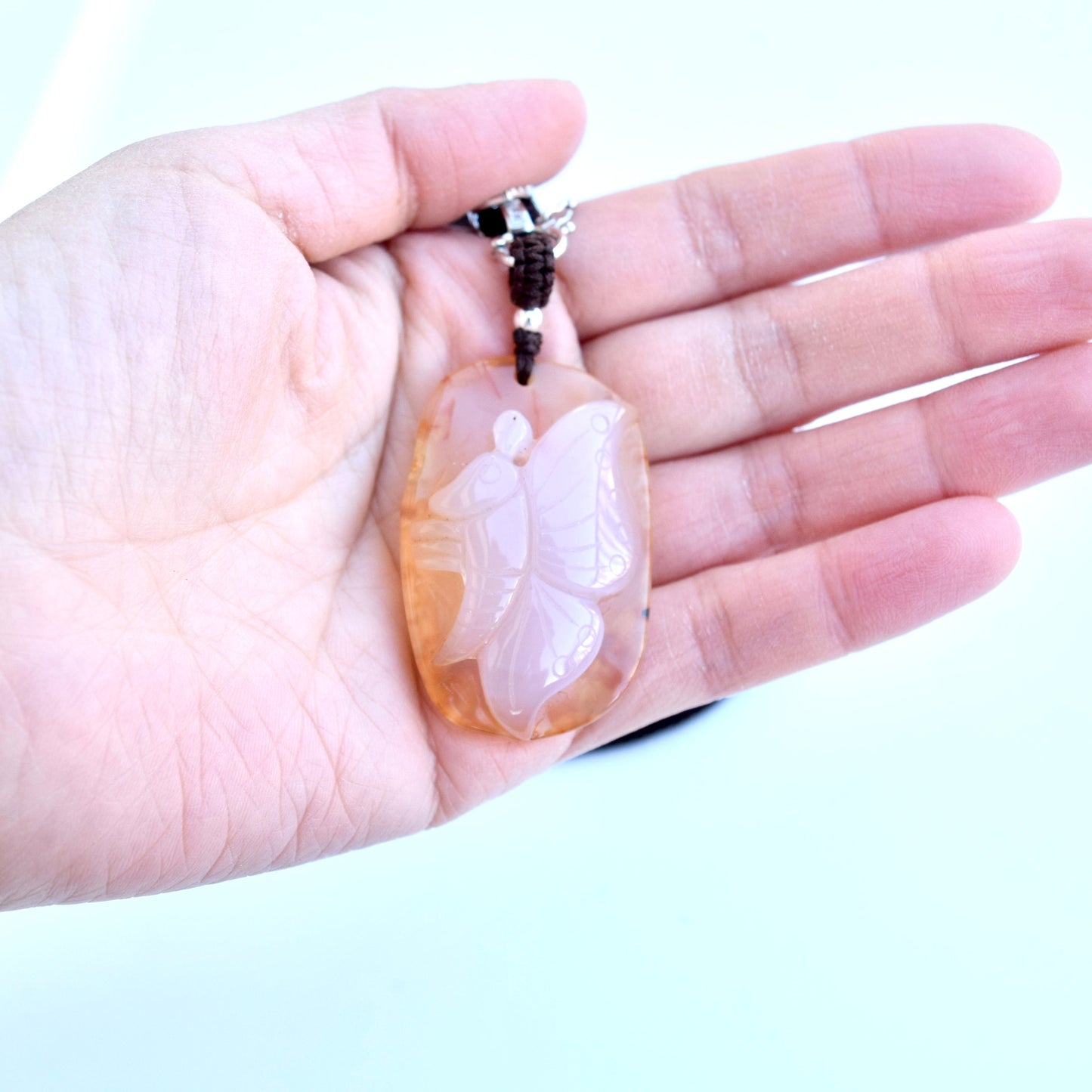 Agate Butterfly Peony Pendant Necklace - Chinese Rope Necklace