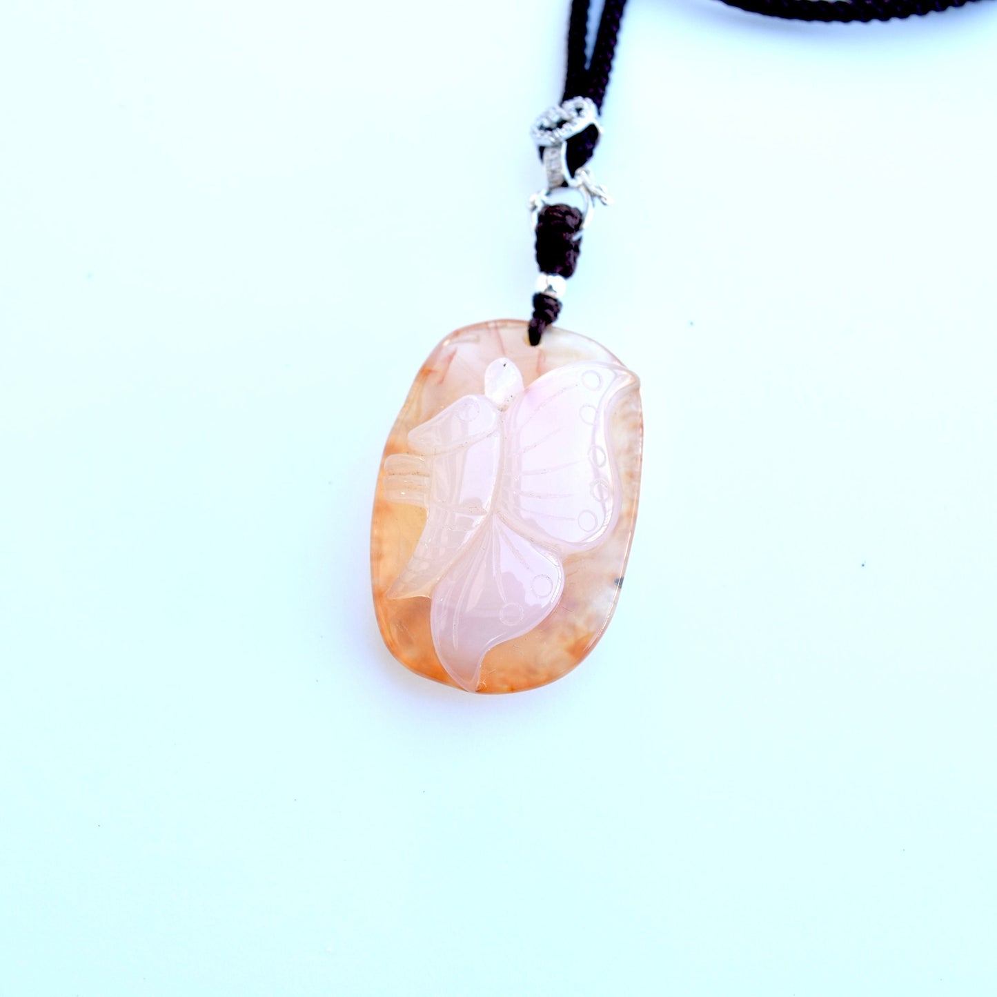 Agate Butterfly Peony Pendant Necklace - Chinese Rope Necklace