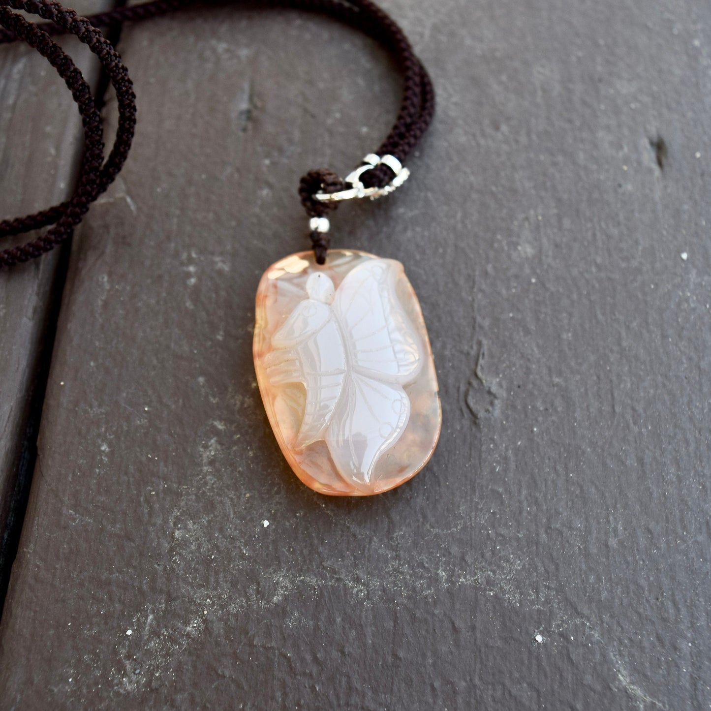 Agate Butterfly Peony Pendant Necklace - Chinese Rope Necklace