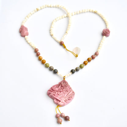 Rhodonite Fan Pendant Necklace: Chinese Peony, Beaded Cord