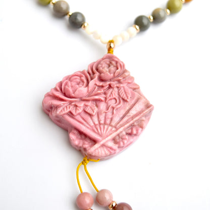 Rhodonite Fan Pendant Necklace: Chinese Peony, Beaded Cord