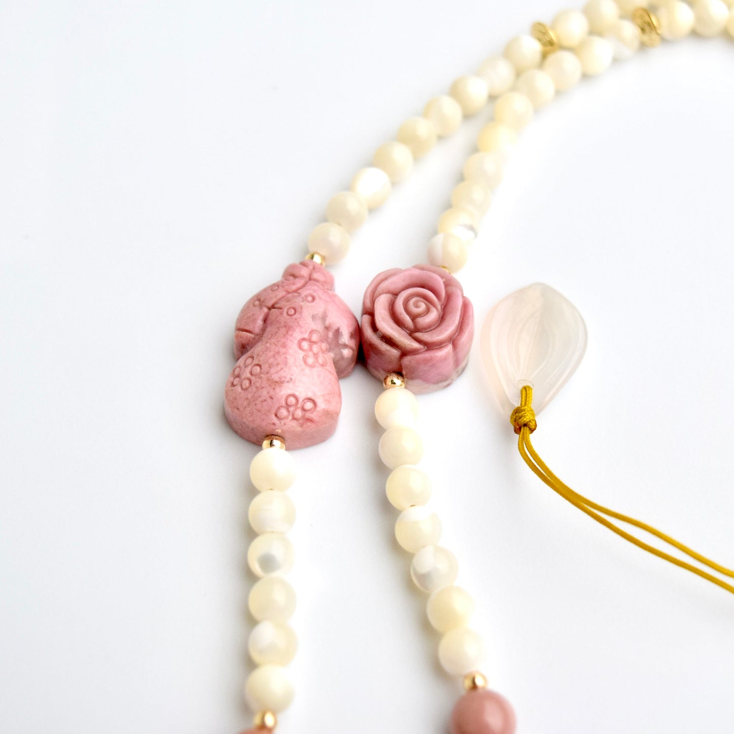 Rhodonite Fan Pendant Necklace: Chinese Peony, Beaded Cord