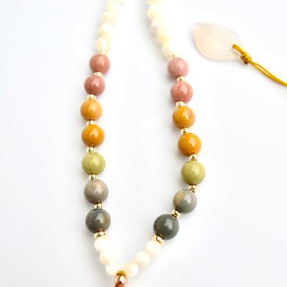 Rhodonite Fan Pendant Necklace: Chinese Peony, Beaded Cord