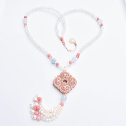 Square Ruyi 如意 Jade Pendant Necklace - Pink Stone