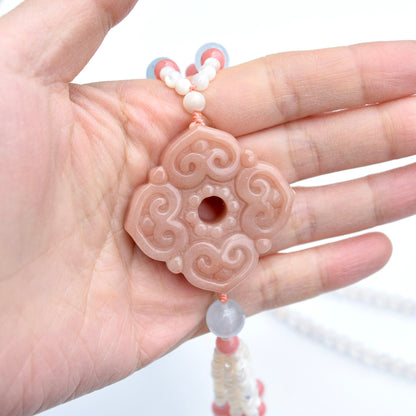 Square Ruyi 如意 Jade Pendant Necklace - Pink Stone
