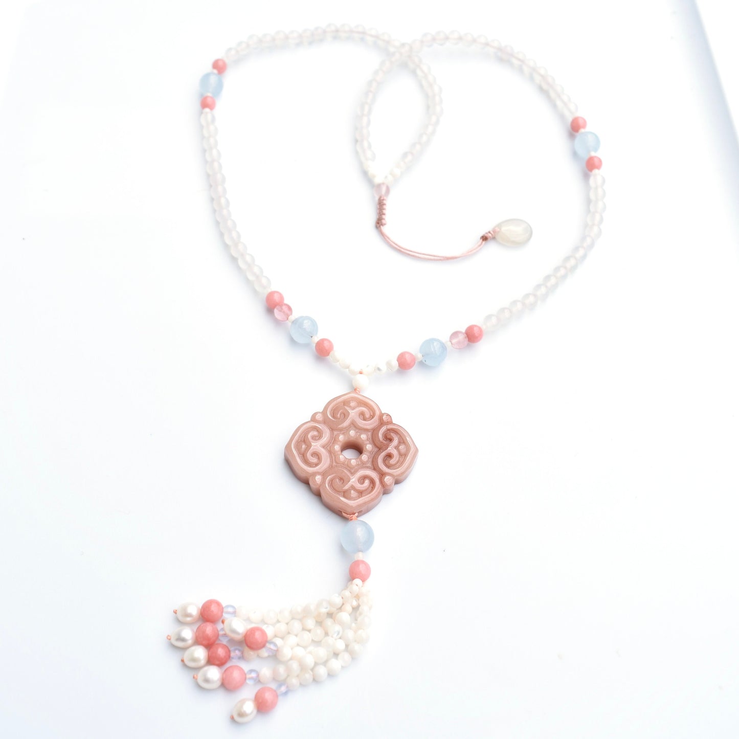 Square Ruyi 如意 Jade Pendant Necklace - Pink Stone