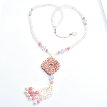 Square Ruyi 如意 Jade Pendant Necklace - Pink Stone