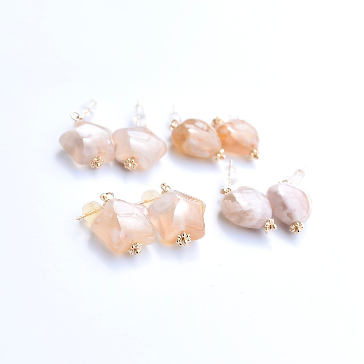 Heart Star Stud Earrings - Natural Sakura Agate Charm 櫻花瑪瑙