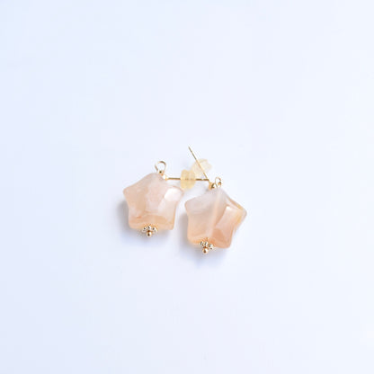 Heart Star Stud Earrings - Natural Sakura Agate Charm 櫻花瑪瑙