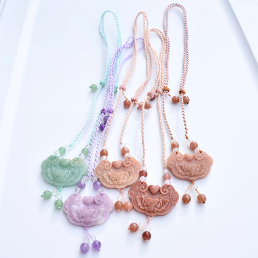 Colorful Peony Lock Pendant Rope Necklace - Quartz Jade Crystal Pendant