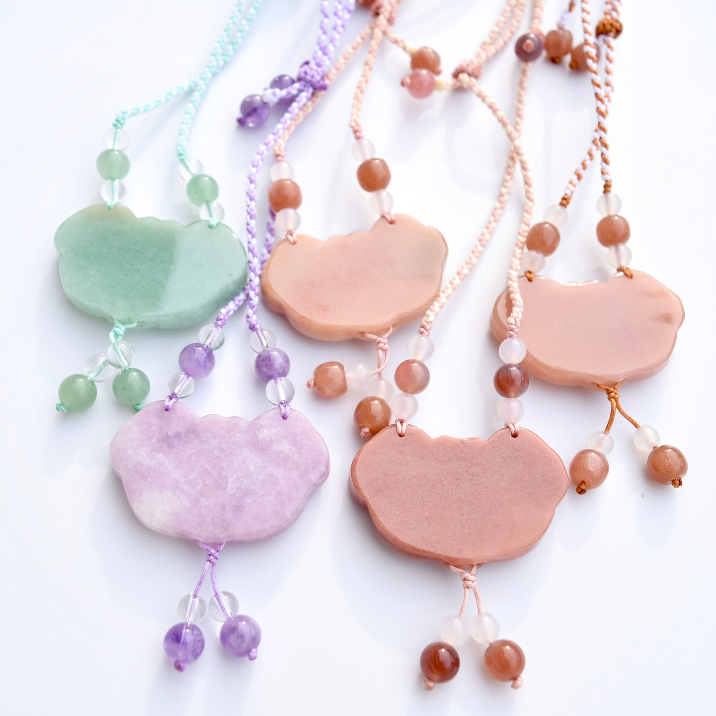 Colorful Peony Lock Pendant Rope Necklace - Quartz Jade Crystal Pendant