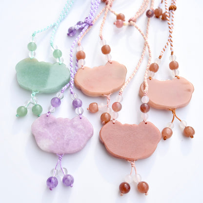 Colorful Peony Lock Pendant Rope Necklace - Quartz Jade Crystal Pendant