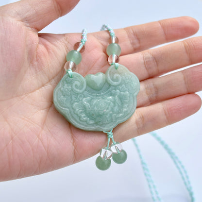 Colorful Peony Lock Pendant Rope Necklace - Quartz Jade Crystal Pendant