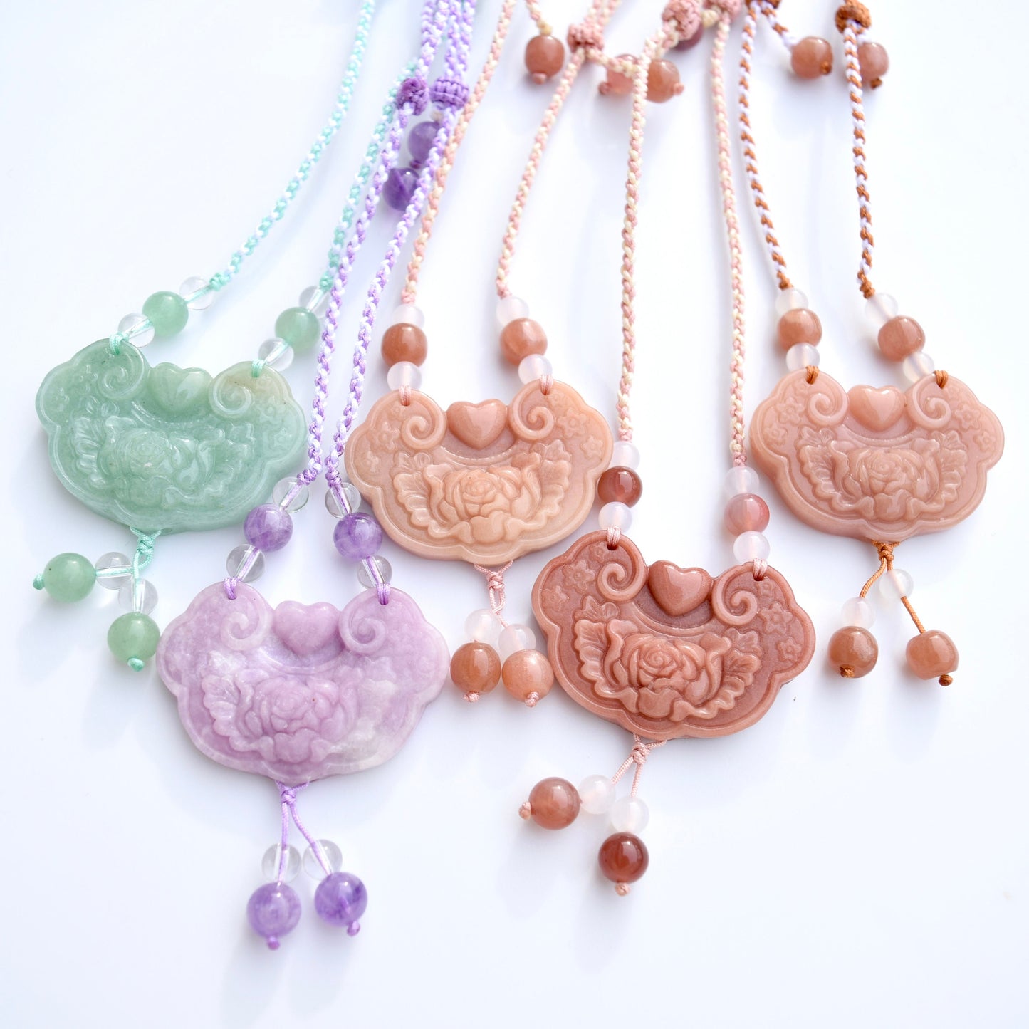 Colorful Peony Lock Pendant Rope Necklace - Quartz Jade Crystal Pendant
