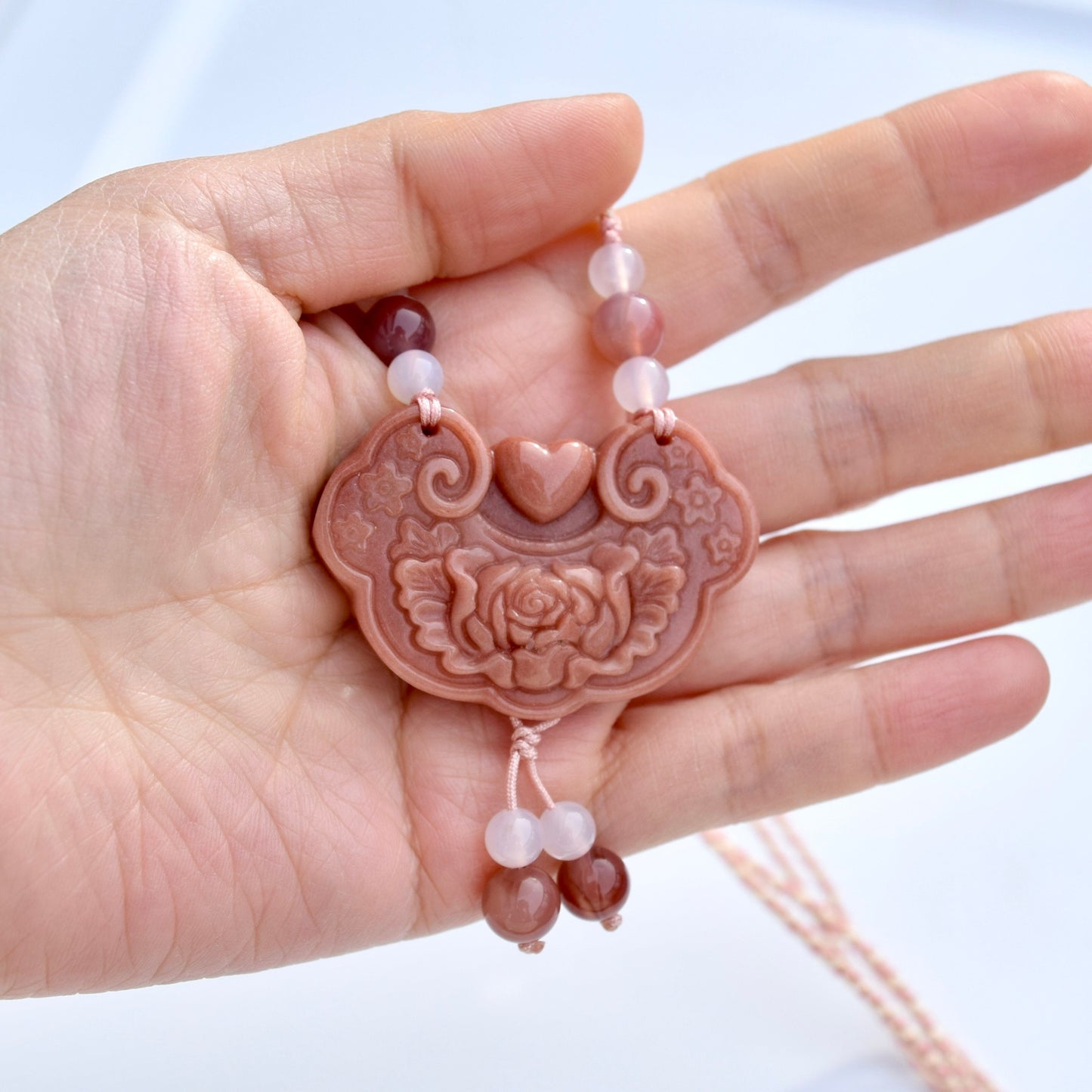 Colorful Peony Lock Pendant Rope Necklace - Quartz Jade Crystal Pendant
