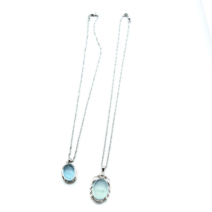 Aquamarine Oval Cabochon Pendant Necklace - Silver Tone