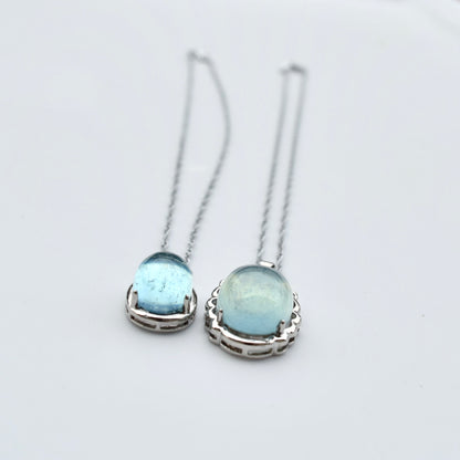 Aquamarine Oval Cabochon Pendant Necklace - Silver Tone