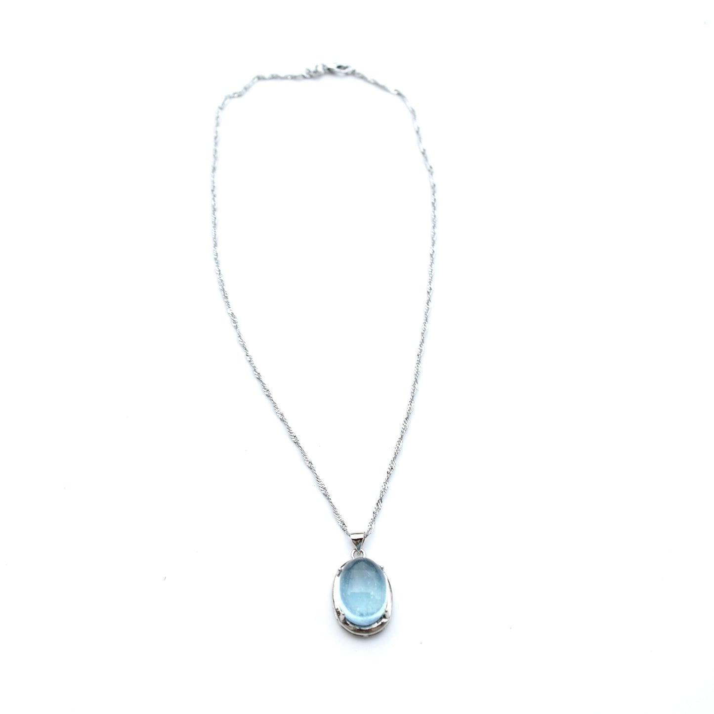 Aquamarine Oval Cabochon Pendant Necklace - Silver Tone