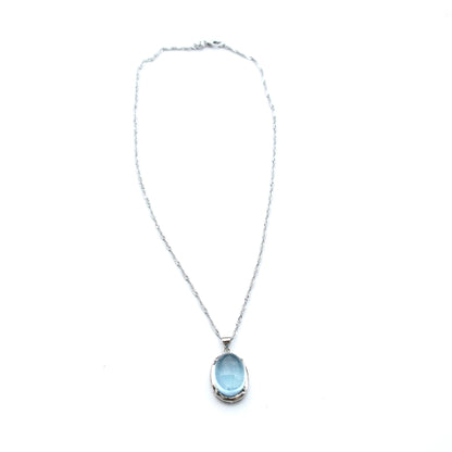 Aquamarine Oval Cabochon Pendant Necklace - Silver Tone