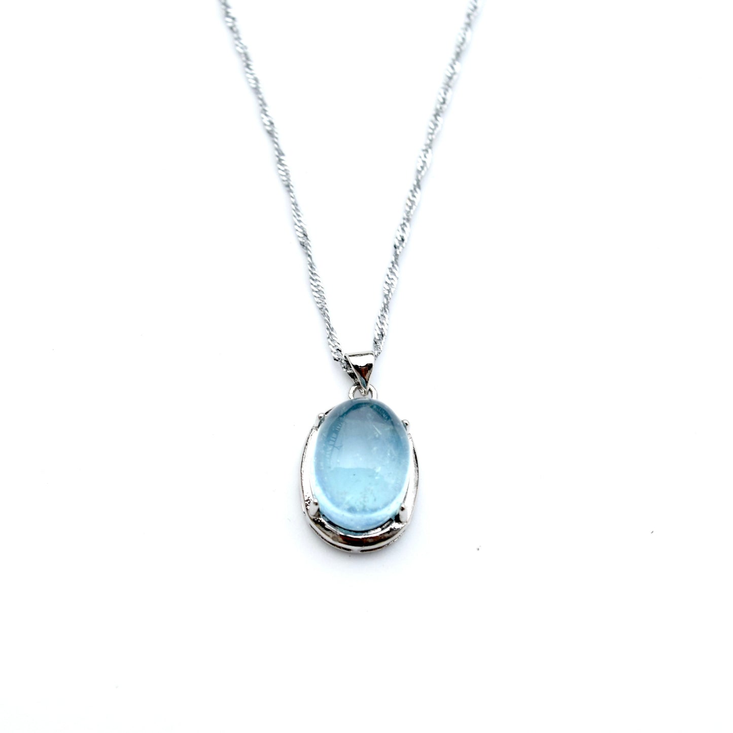Aquamarine Oval Cabochon Pendant Necklace - Silver Tone