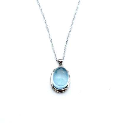Aquamarine Oval Cabochon Pendant Necklace - Silver Tone