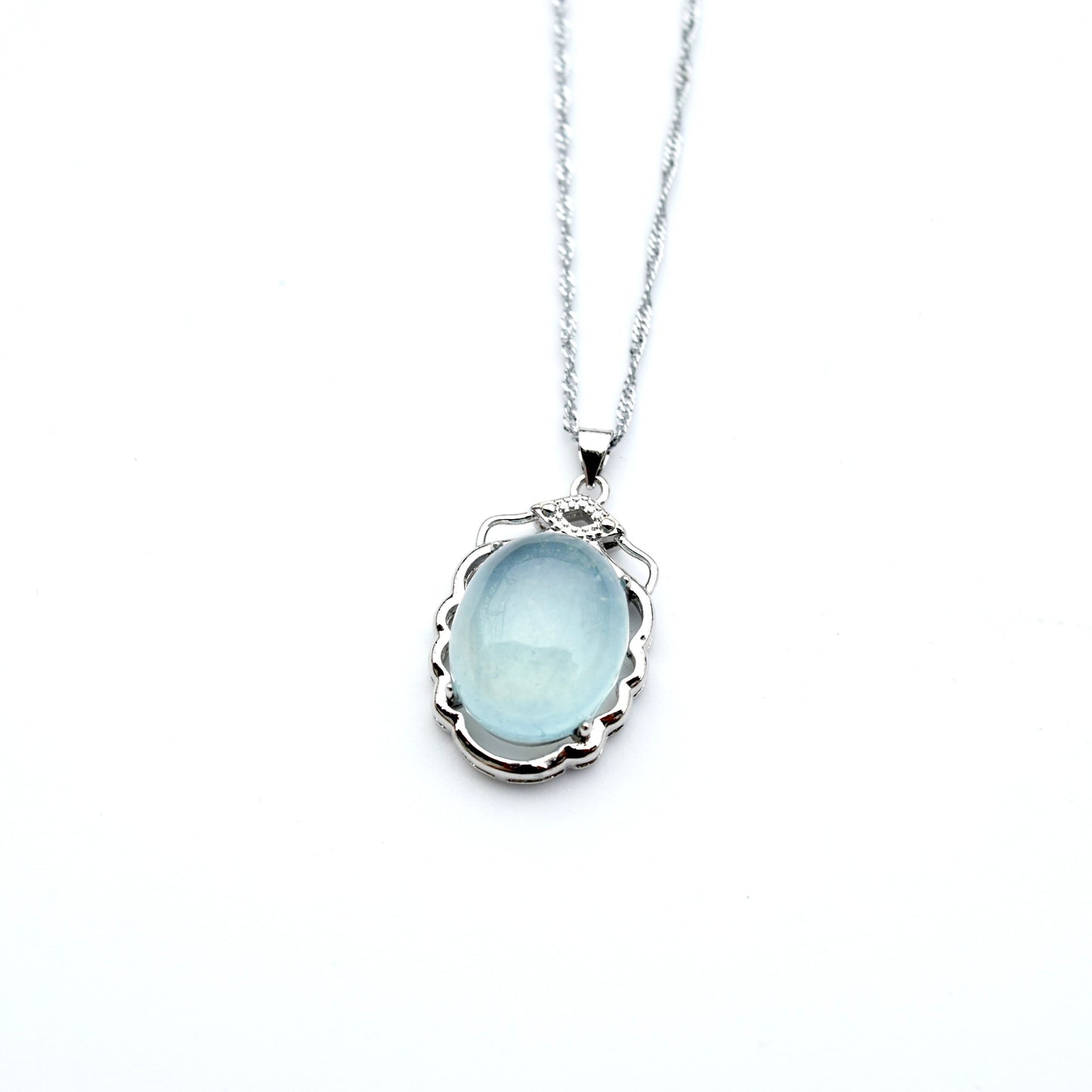 Aquamarine Oval Cabochon Pendant Necklace - Silver Tone