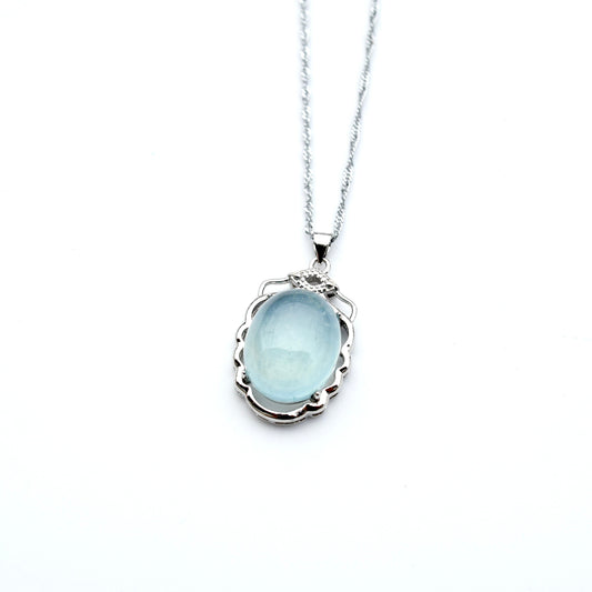 Aquamarine Oval Cabochon Pendant Necklace - Silver Tone