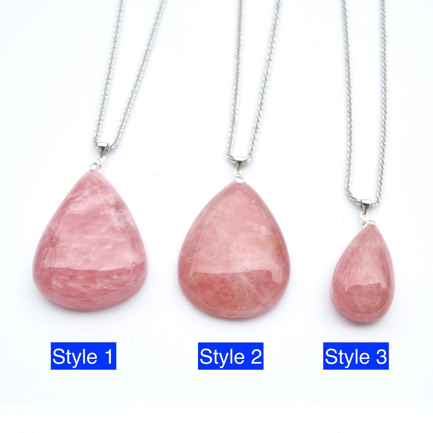 Rose Quartz Teardrop Necklace- Pink Crystal - Stainless Steel Long Chain