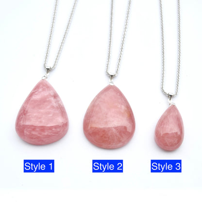 Rose Quartz Teardrop Necklace- Pink Crystal - Stainless Steel Long Chain