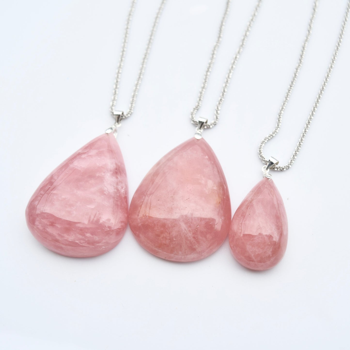 Rose Quartz Teardrop Necklace- Pink Crystal - Stainless Steel Long Chain