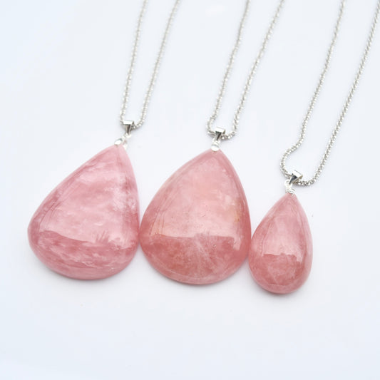 Rose Quartz Teardrop Necklace- Pink Crystal - Stainless Steel Long Chain