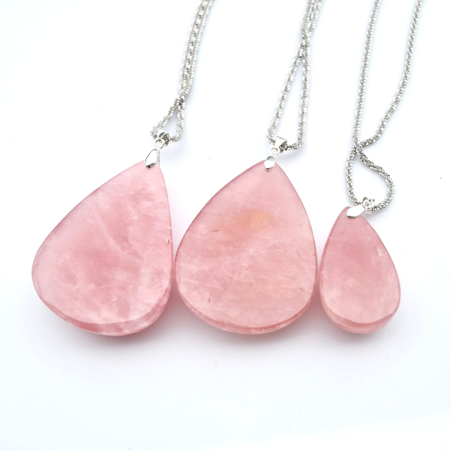 Rose Quartz Teardrop Necklace- Pink Crystal - Stainless Steel Long Chain