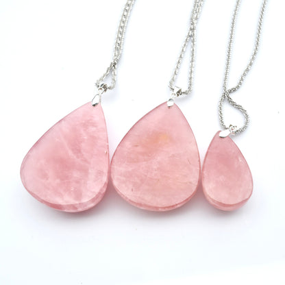 Rose Quartz Teardrop Necklace- Pink Crystal - Stainless Steel Long Chain
