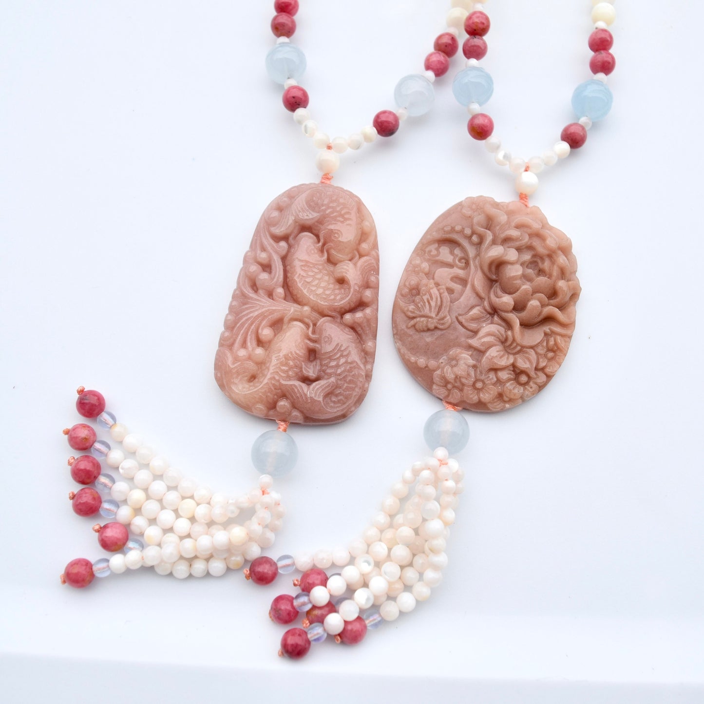 Peony Butterfly Jade Pendant Shell Necklace - Pink Stone