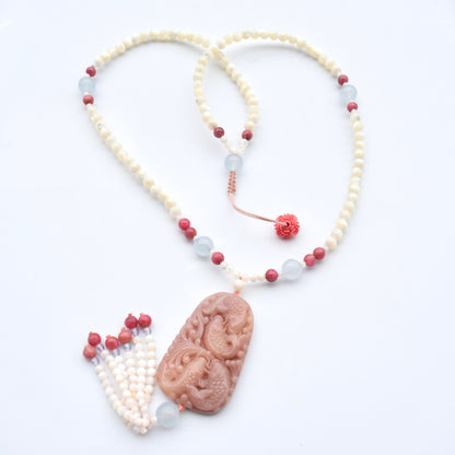 Peony Butterfly Jade Pendant Shell Necklace - Pink Stone
