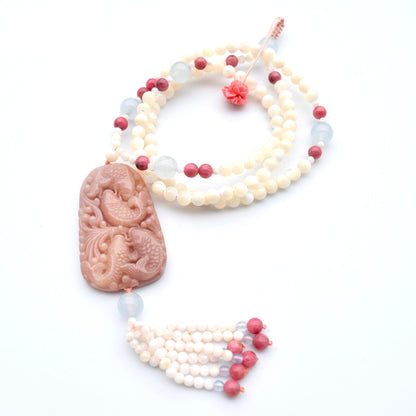 Peony Butterfly Jade Pendant Shell Necklace - Pink Stone