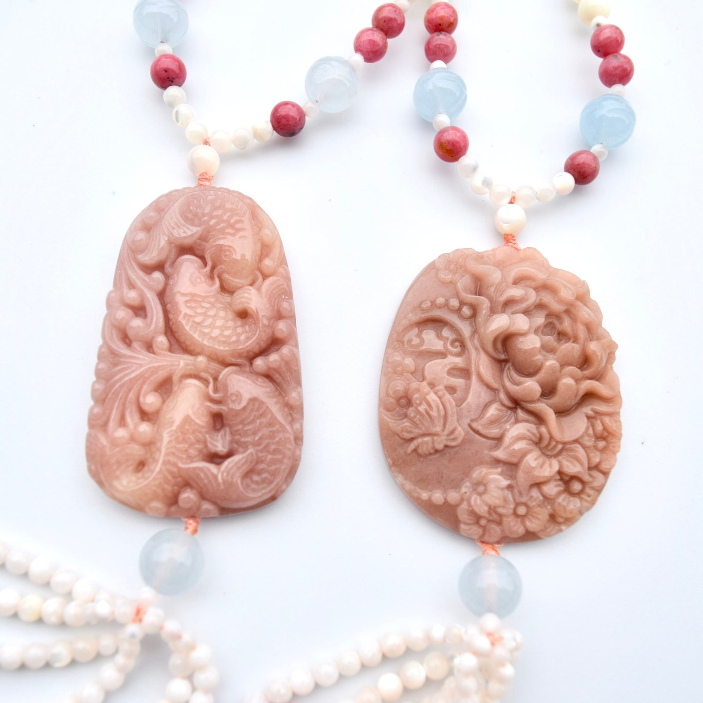 Peony Butterfly Jade Pendant Shell Necklace - Pink Stone
