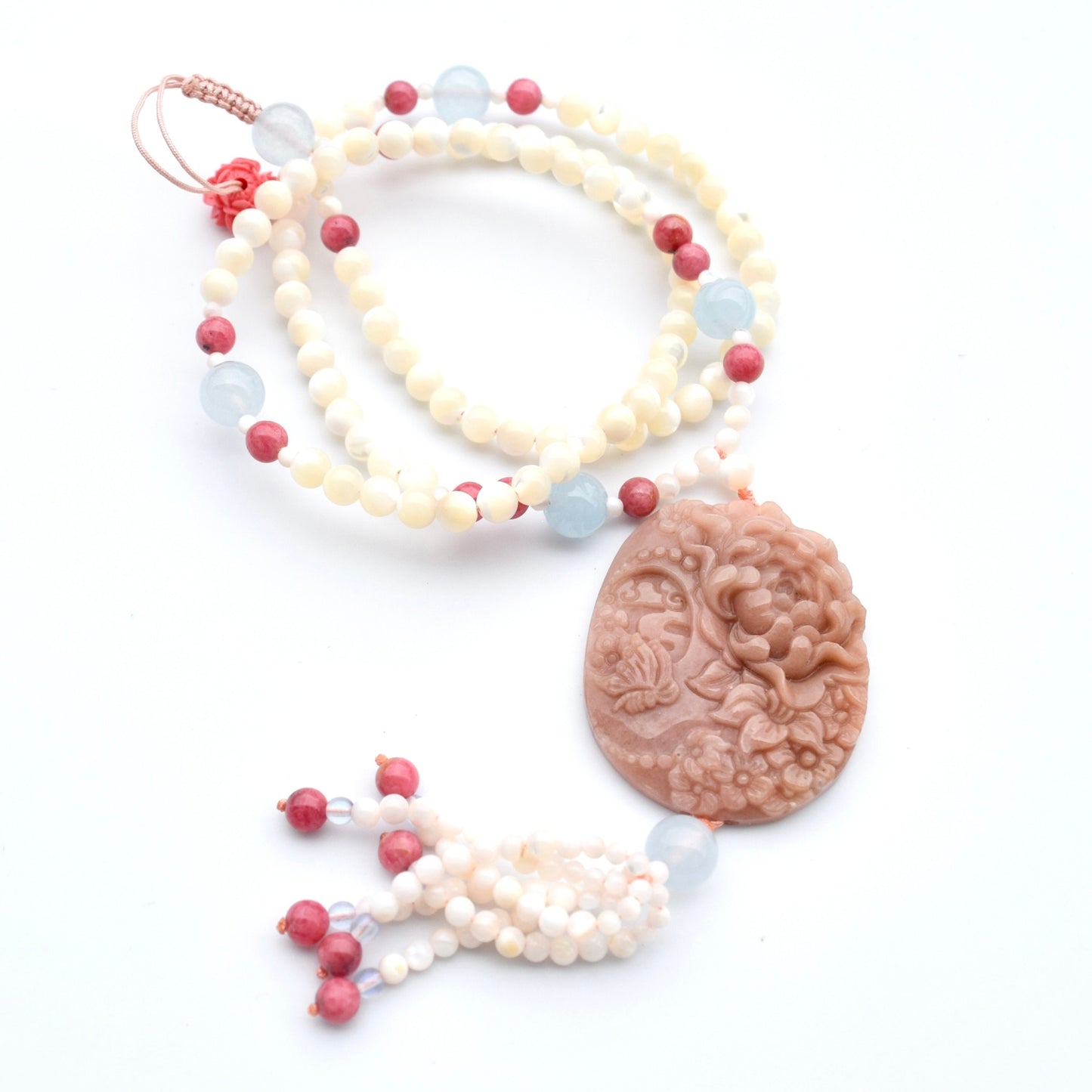 Peony Butterfly Jade Pendant Shell Necklace - Pink Stone