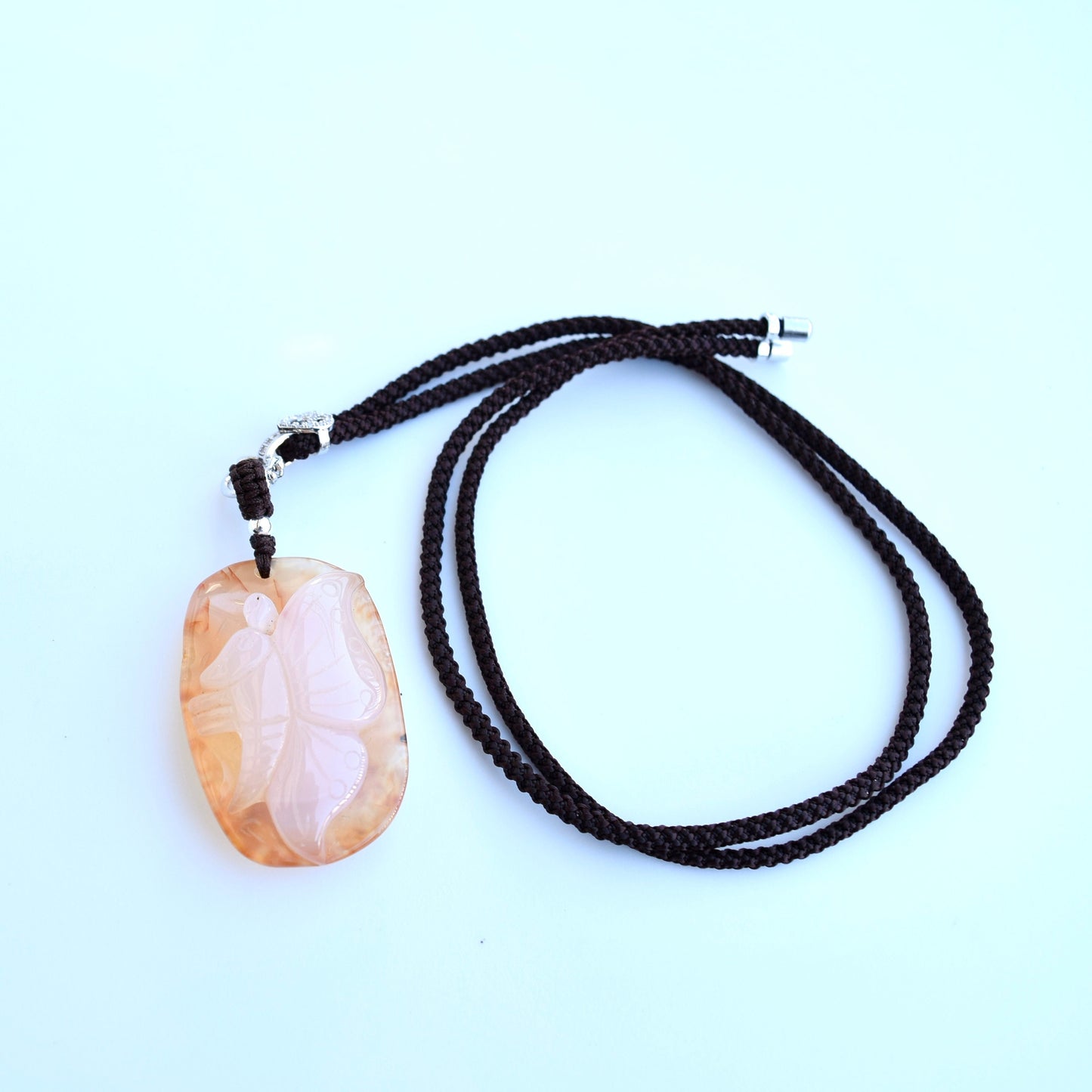 Agate Butterfly Peony Pendant Necklace - Chinese Rope Necklace