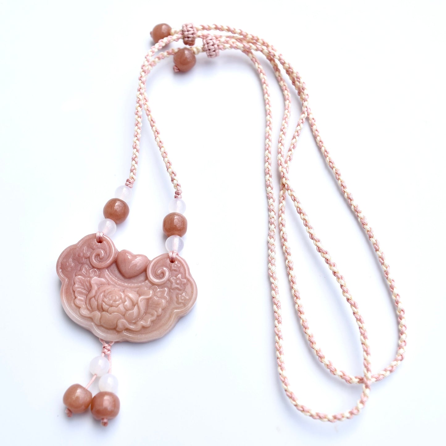 Colorful Peony Lock Pendant Rope Necklace - Quartz Jade Crystal Pendant